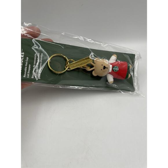 STARBUCKS Reusable Hot Cup Lid Stopper Christmas BEAR 2025 Keychain HTF - Picture 2 of 3